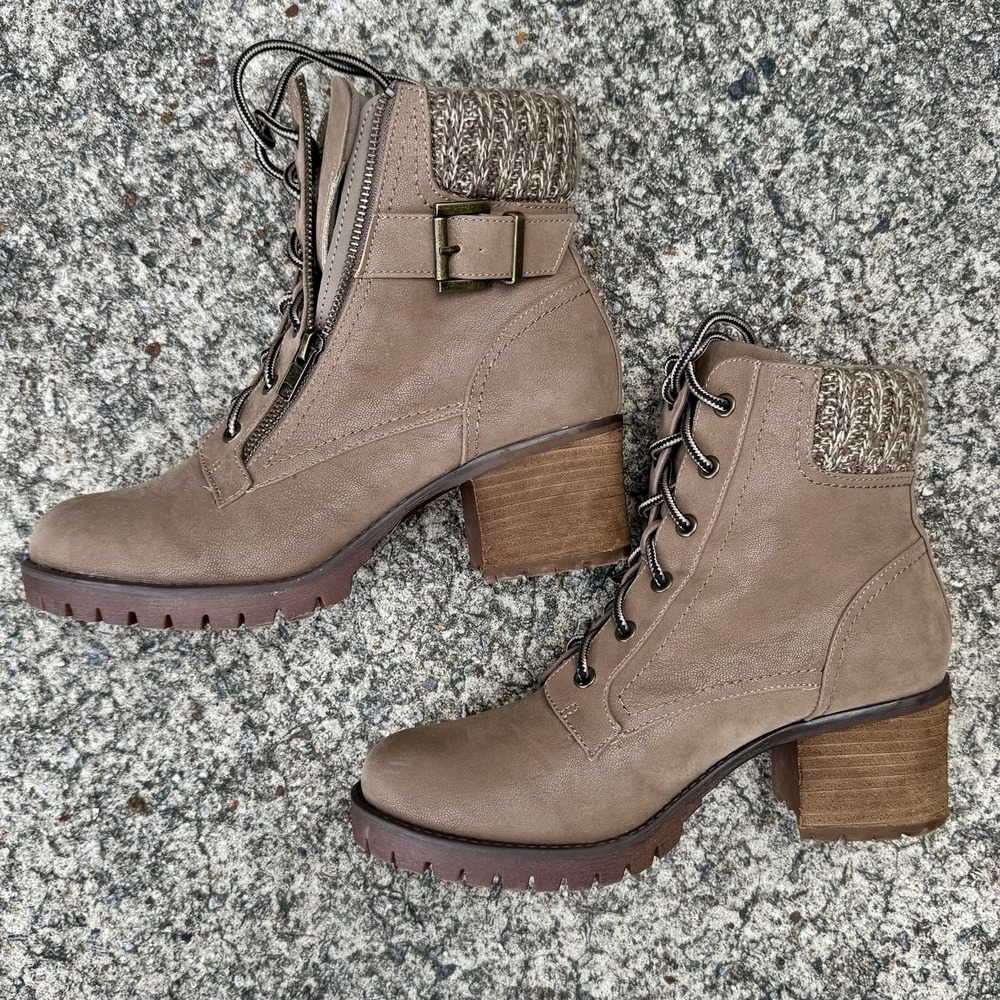 MIA Women's Size 8.5 Taupe Vegan Leather Suede Ankle Booties Lug Sole Block Heel - Picture 11 of 14